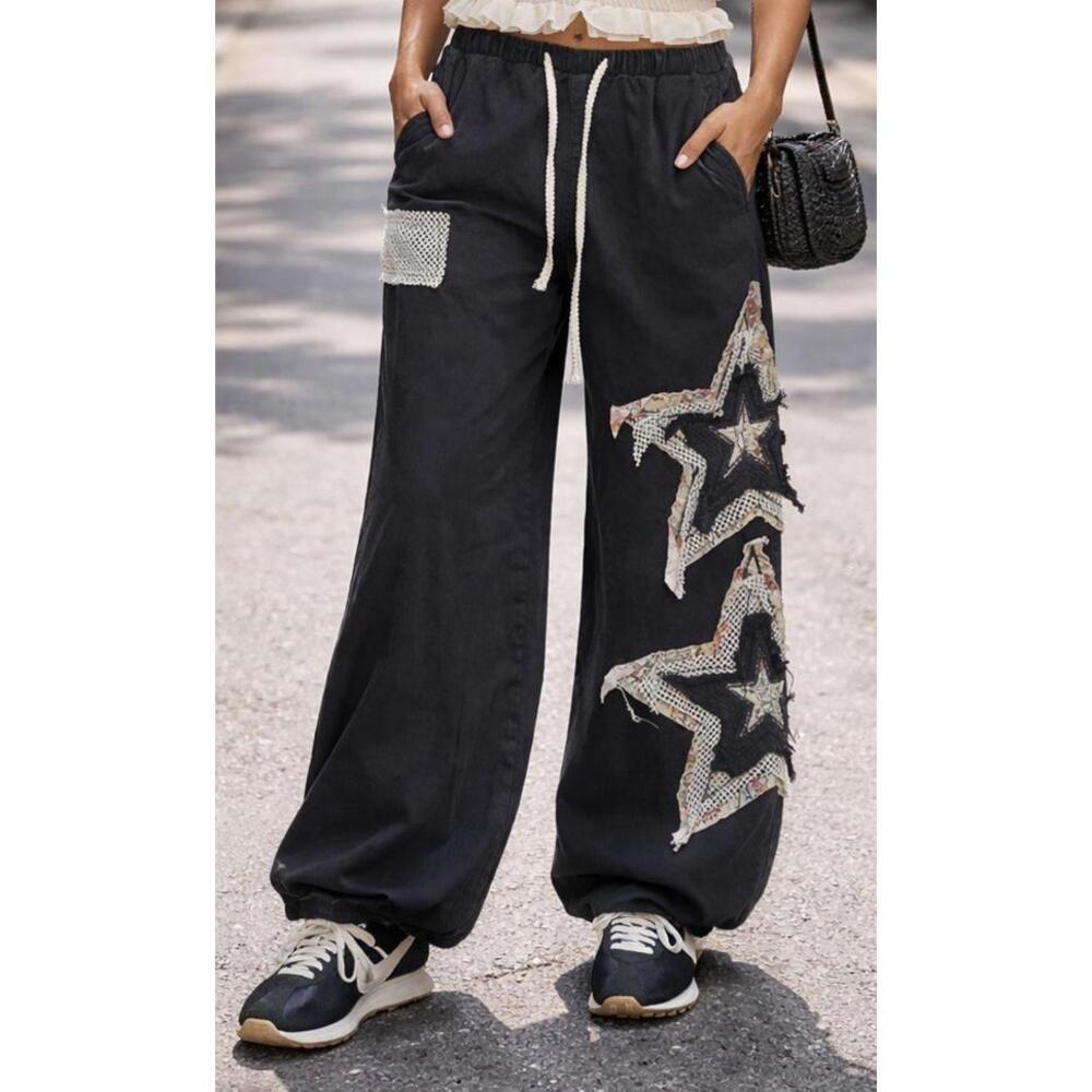 POL Black Patchwork Star Pants Large NIP 100% Cot… - image 2